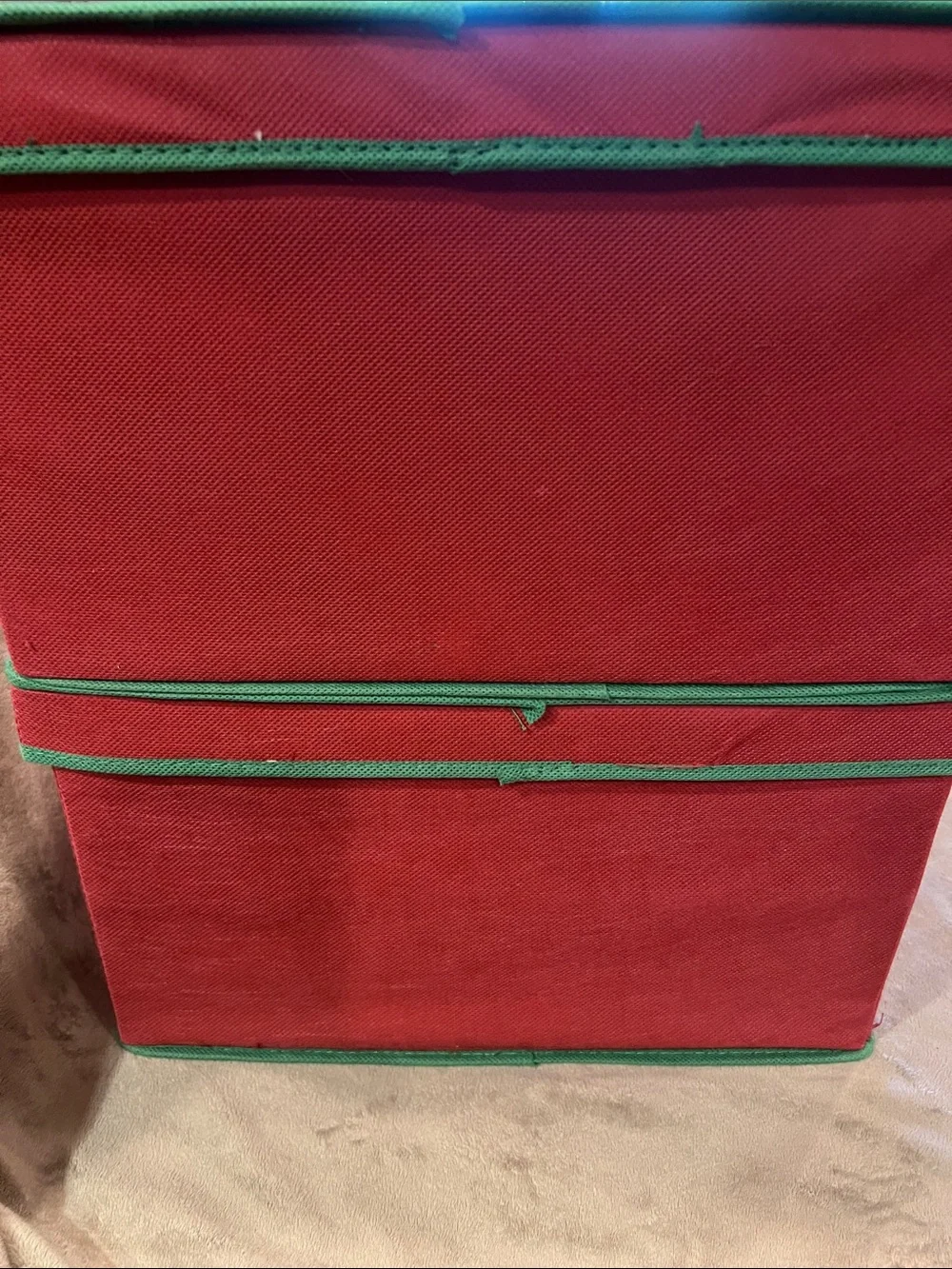 Festive Red Holiday Ornament Storage Bin with Green Trim